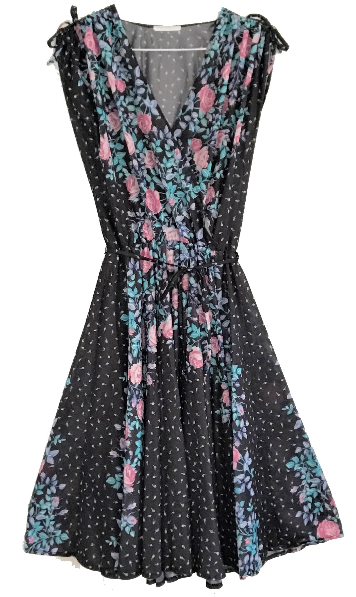 M56- Black with Aqua, pink floral midi dress 36C/28W