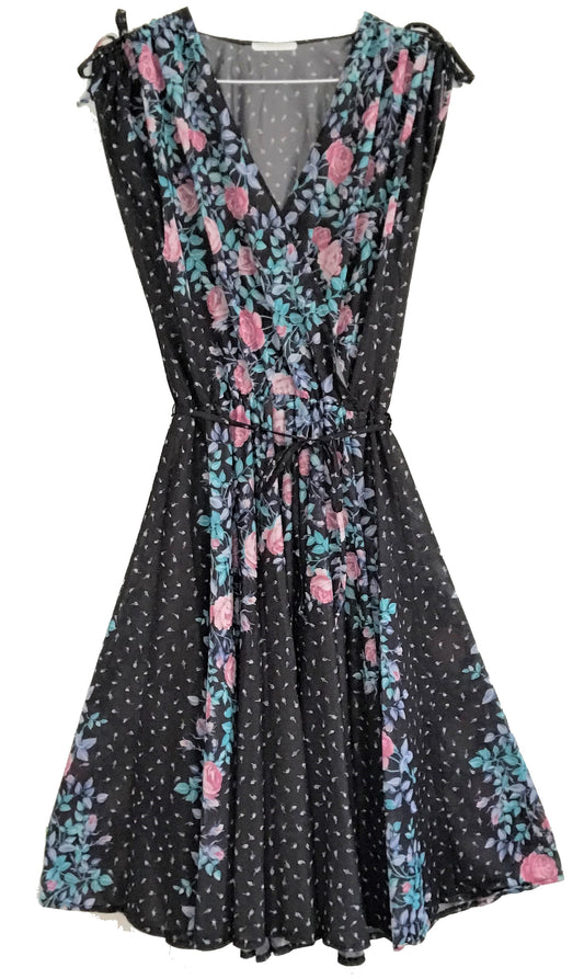 M56- Black with Aqua, pink floral midi dress 36C/28W