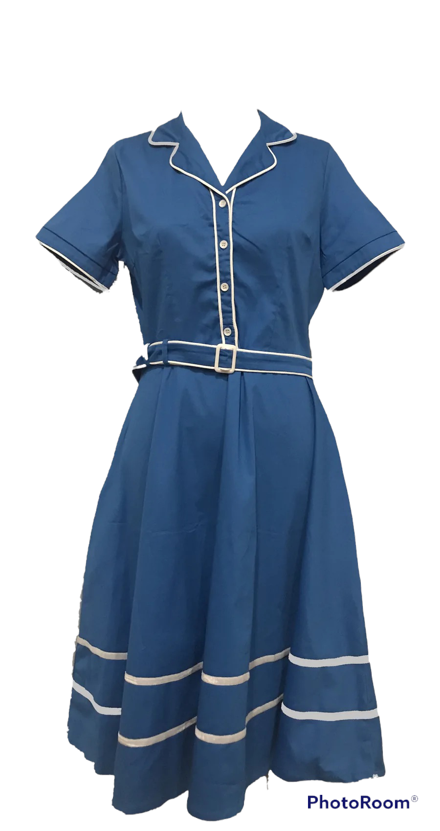 M03H- Blue white trim midi dress 36C/30w