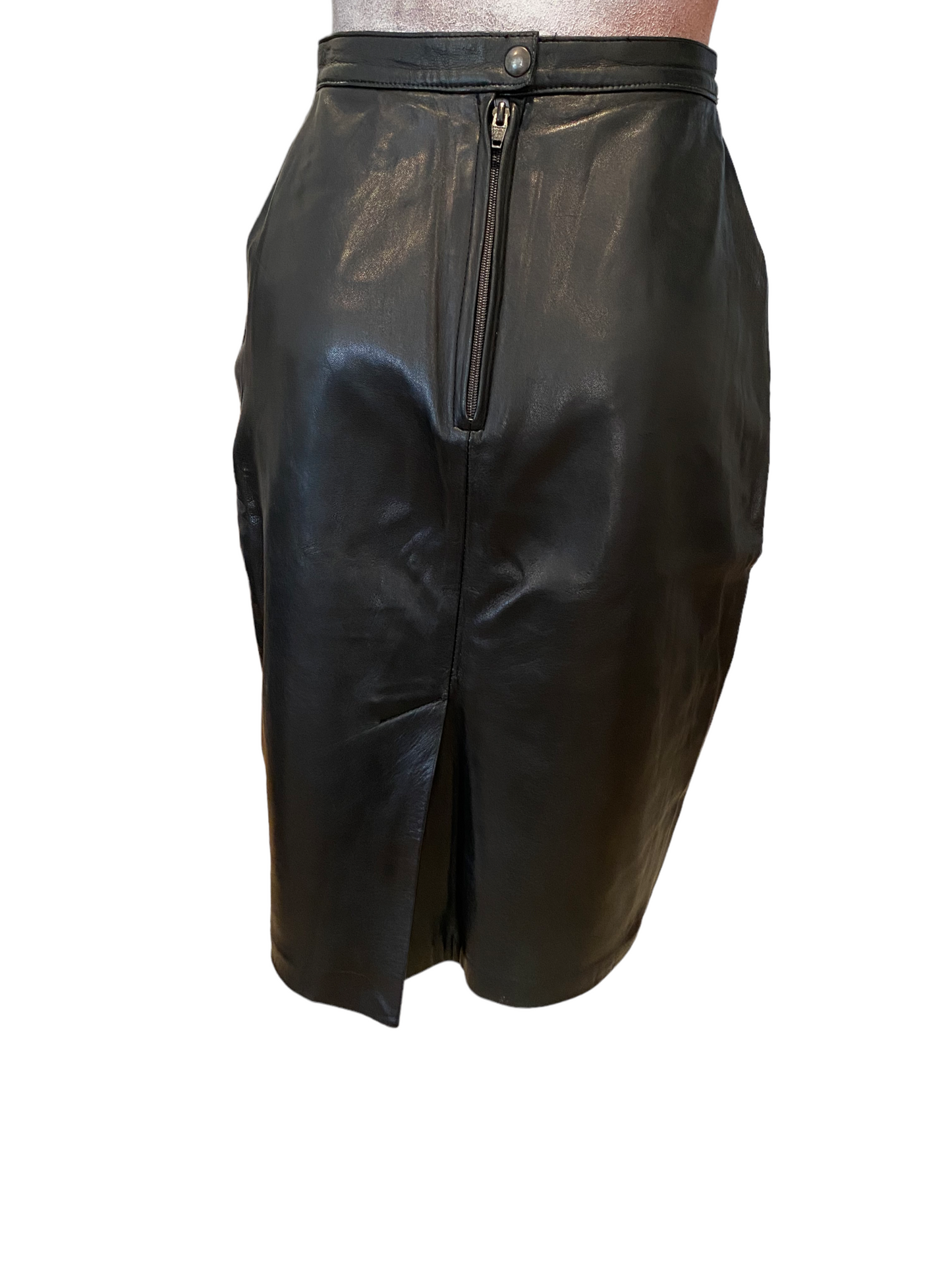 WS30- Mid calf black leather skirt 26W