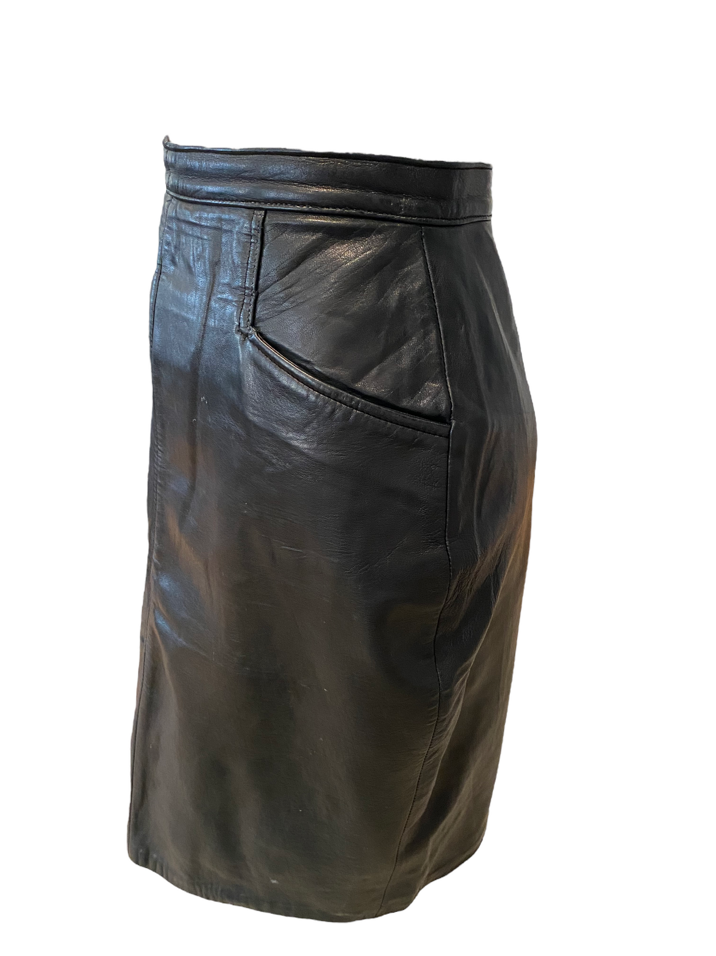 WS30- Mid calf black leather skirt 26W