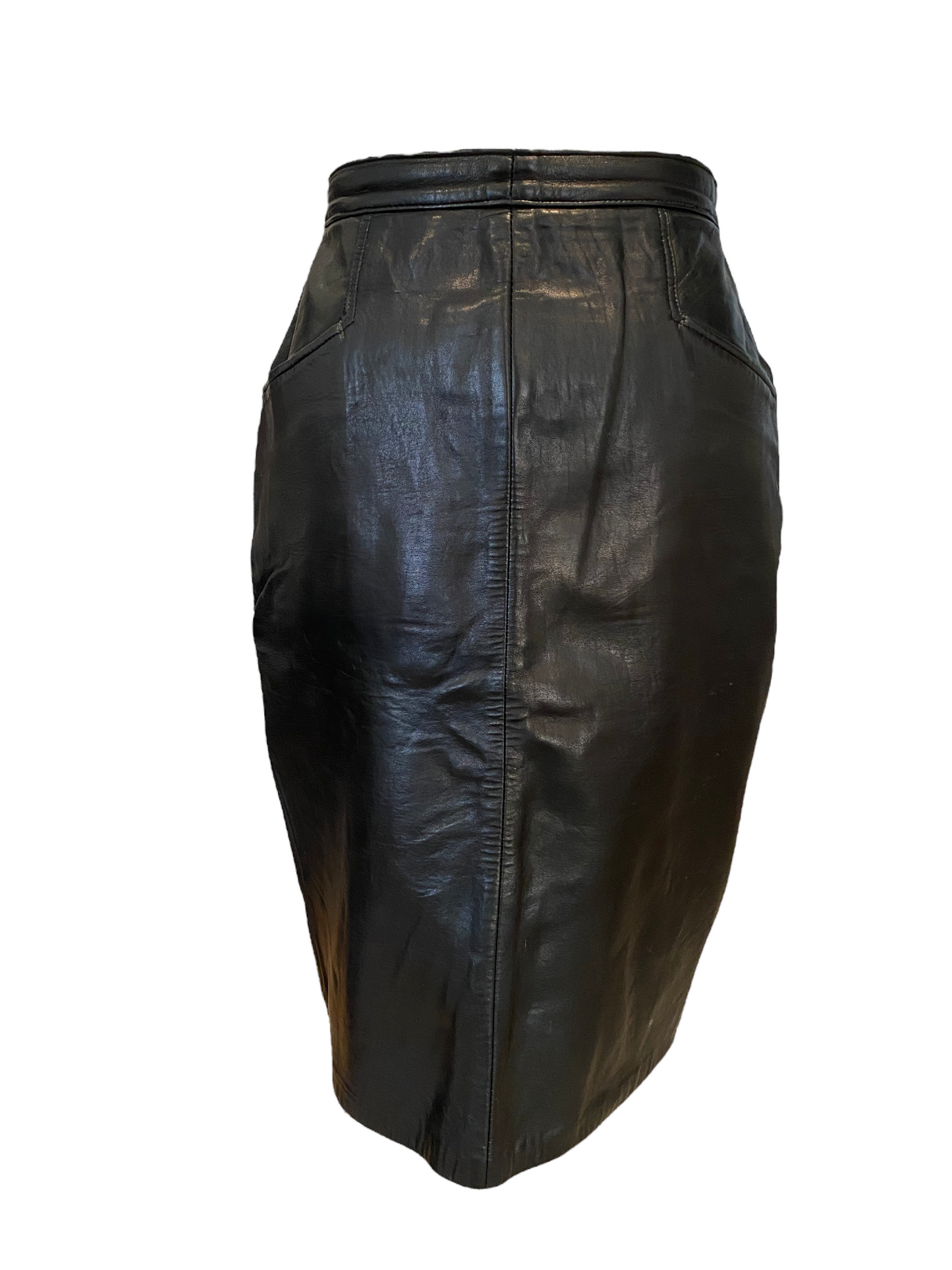 WS30- Mid calf black leather skirt 26W