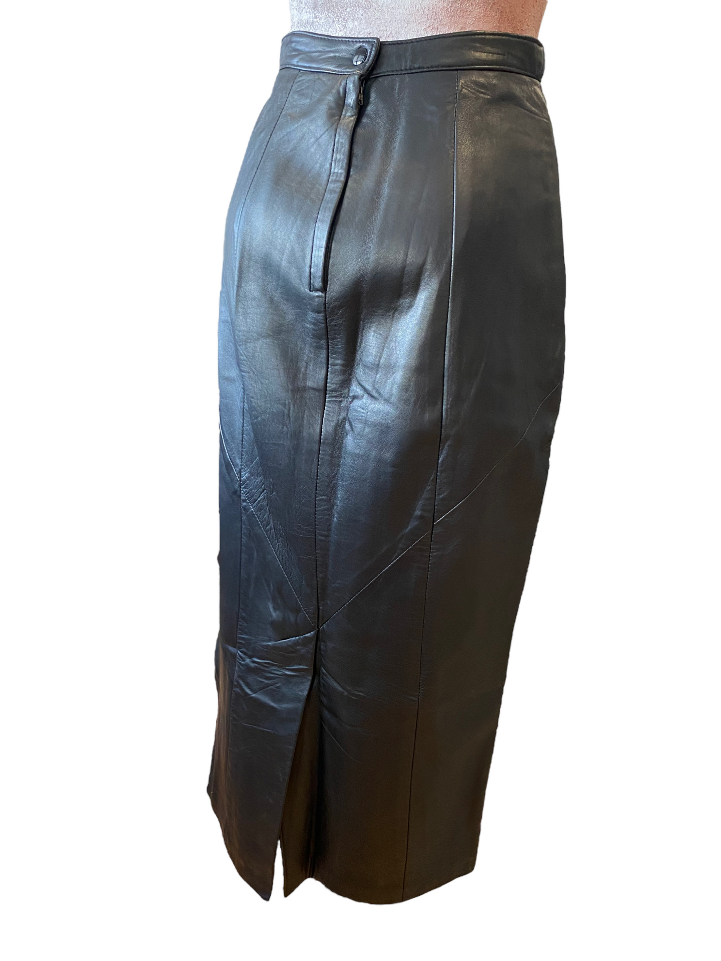 WS32- Long Black leather skirt 27W